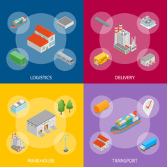 Logistic Transportation Concept Banner Set 3d Isometric View. Vector