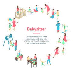 Fototapeta premium Characters Different Nanny Concept Banner Card Circle 3d Isometric View. Vector