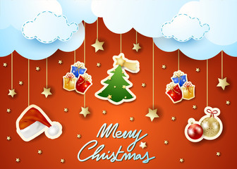 Christmas background with hanging stickers, clouds and text