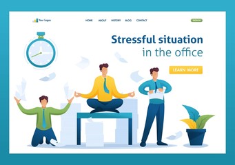Stressful situation of the office, the staff running around, solve problems, meditate. Flat 2D character. Landing page concepts and web design