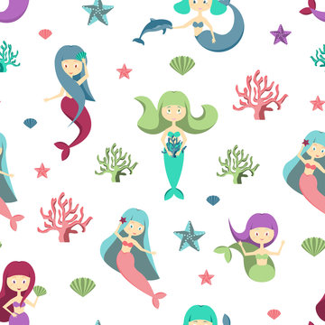 Cartoon Color Characters Mermaids Girls Seamless Pattern Background. Vector