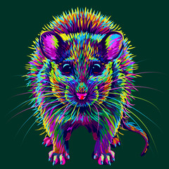  Mouse. Abstract, multi-colored, neon mouse portrait in pop art style on a dark green background.