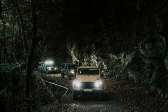 Friends driving 4x4  in the forest