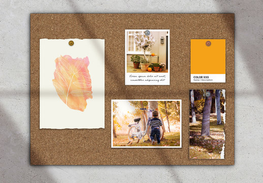 Moodboard Scene Creator Mockup with Papers and Photos on Cork