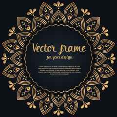 Golden floral ornament mandala with drop shadows. Ethnic folk flower frame.