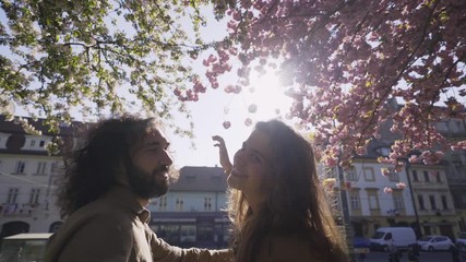 Young man and woman resting in garden with blossom cherry tree at backlit. POV couple sitting under beautiful flowering trees kissing and hugging during video call, saying Hello our friends 