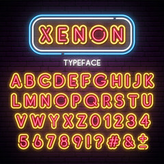 Neon light alphabet. Vector retro font. Type letters, numbers and punctuation marks. - obrazy, fototapety, plakaty
