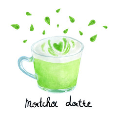 watercolor matcha latte. Green hot drink
