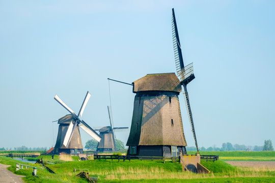 Windmills on polders near village of Schermerhorn, Netherlands