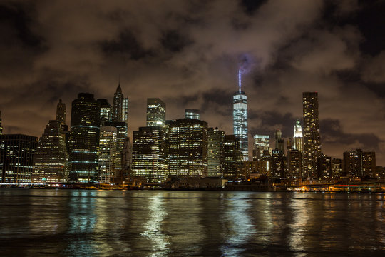Manhattan skyline at night, seen from Dumbo, Brooklyn.
