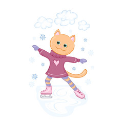 Obraz na płótnie Canvas Cat girl in dress skates an ice rink. Cute character figure skating. Vector illustration of winter fun in cartoon simple flat style.
