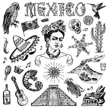 Mexico set in vintage style. Traditional national costume on a woman, animals, plants and musical instruments. Engraved hand drawn sketch.
