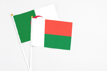 Fototapeta premium Madagascar and Algeria stick flags on white background. High quality fabric, miniature national flag. Peaceful global concept.White floor for copy space.