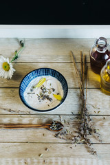 Homemade essential oils, lavender soap and cream