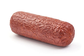 Salami smoked sausage, isolated on white background