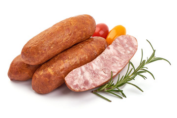 Tasty Dried Sausages, smoked german sausage, isolated on white background