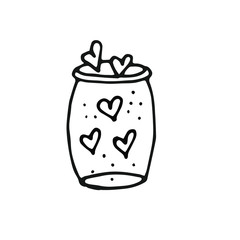 Hand drawn vector illustration of jar filled with hearts, wedding and romance concept, cards, banners, sticker illustration isolated on white background. Isolated vector on white