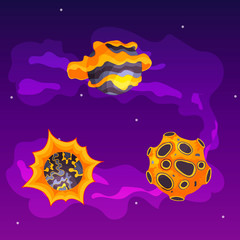 Vector planets in an unknown universe. Uninhabited fantasy stars in space. Design elements for gaming and user interface. Colorful background wallpaper. Orange and purple