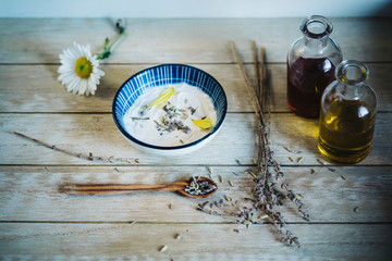 Obraz na płótnie Canvas Homemade essential oils, lavender soap and cream