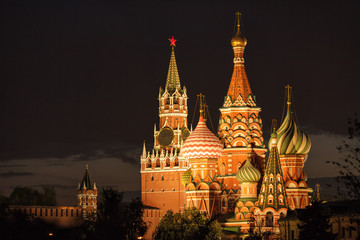 St Basil's Cathedral on the Red Square in Moscow, Russia. Moscow Kremlin is one of the main travel attractions in Europe. Beautiful panorama of Moscow centre. UNESCO site.
