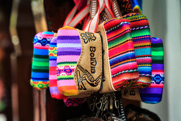 Colorful purses at a Tarabuco traditional market, Bolivia
