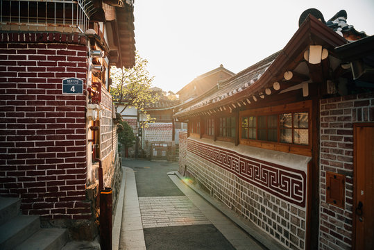 Traditional houses in Bukchon Hanok Village at sunrise, Seoul, South Korea