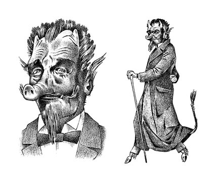 Damn or demon with horns and pork nose in vintage style. Mystical imaginary character in retro old style. Engraved Fantasy creature. Hand drawn vector sketch.