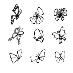 Set of Hand Drawn Butterfly cute doodle. Small Animals Sketch Vector Illustration Isolated on White Background  