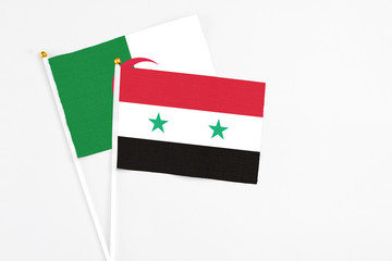 Syria and Algeria stick flags on white background. High quality fabric, miniature national flag....