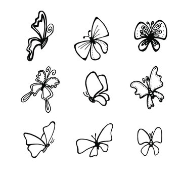Set of Hand Drawn Butterfly cute doodle. Small Animals Sketch Vector Illustration Isolated on White Background  