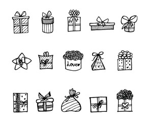 Naklejka premium Set of vector outline gift icons. Black and white line boxes with ribbons, isolated illustration. Trendy design elements for holiday greeting card, gift shop, voucher, flyer, banner. Isolated vector