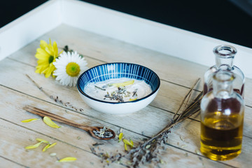 Homemade essential oils, lavender soap and cream