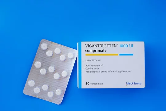 Vigantoletten 1000 UI blister and package. Also known as Colecalciferol, it  is used to treat and prevent vitamin D deficiency and associated diseases  in Cluj-Napoca, Romania on September 30, 2019. Stock Photo