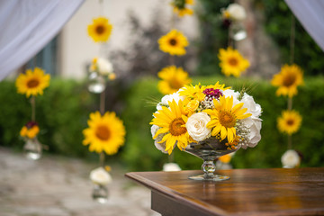 Beautiful floral arrangement or decoration for wedding or event. Sunflower Wedding Table centepiece/ summer colors.