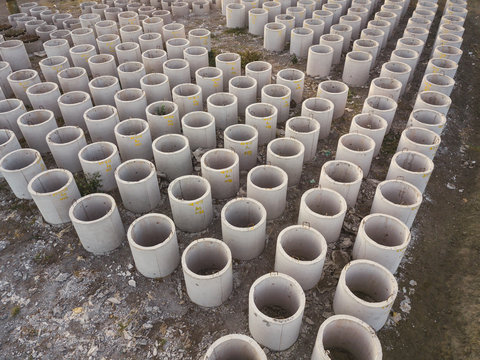 Aerial view of concrete pipes, Kedungu, Bali, Indonesia