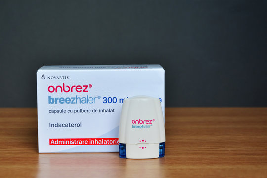 Onbrez Breezhaler, Indacaterol inhaler device and box European bronchodilator medicine for severe cronic lung desease (COPD) in Cluj-Napoca, Romania on July 22, 2018.