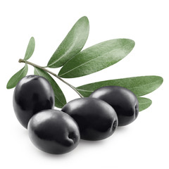 Delicious black olives with leaves, isolated on white background