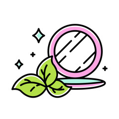 Compact pressed makeup powder color icon. Face skincare product. Mineral powder foundation. Bronser, highlighter. Visage beauty aid item with mirror. Organic cosmetics. Isolated vector illustration