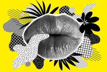 Acrylic prints Hotel Halftone Woman Lips On Bright Background with Shapes