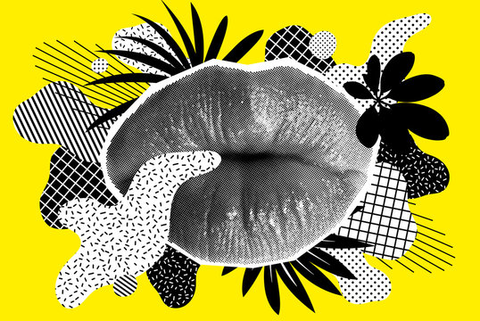Halftone Woman Lips On Bright Background with Shapes