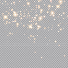 White sparks and golden stars glitter special light effect. Vector sparkles on transparent background. Christmas abstract pattern.