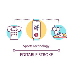Sports technology concept icon. Products for fitness. Equipment for athletes. Comfortable clothes, shoes, workout control idea thin line illustration. Vector isolated outline drawing. Editable stroke