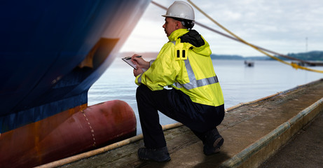 Ship supervisor engineer inspector stands at the dockside in a port. Wearing safety helmet and yellow vest. Cargo shipping industry.