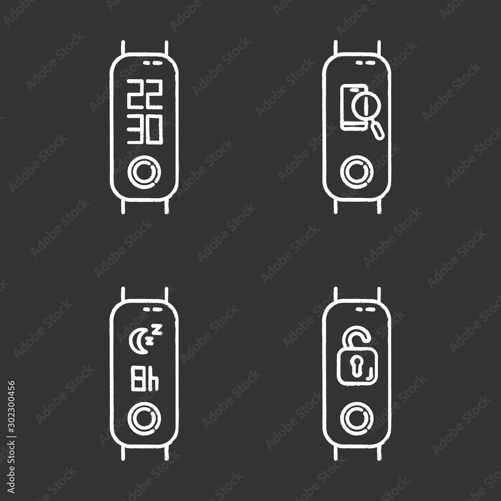 Poster fitness tracker with digital clock and sleep time control chalk icons set. wellness device with lost