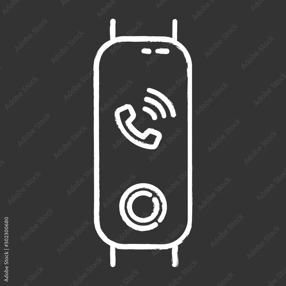 Poster Fitness tracker with incoming call on display chalk icon. Wellness device with ringing phone symbol. Portable gadget with active phone call notification sign. Isolated vector chalkboard illustration