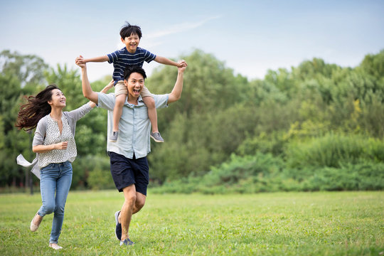 Happy young Chinese family playing on grass