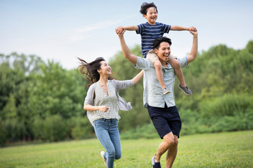 Happy young Chinese family playing on grass