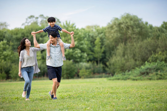 Happy young Chinese family playing on grass