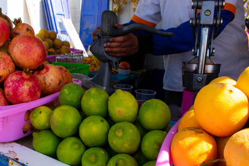 Fresh fruits on market for sale, Traditional Moroccan juice bar in Essaouira, Morocco 