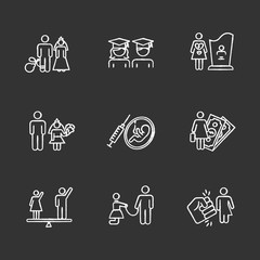 Gender equality chalk icons set. Forced marriage. Education equality. Maternity mortality. Child marriage. Female economic activity. Violance against trans. Isolated vector chalkboard illustrations